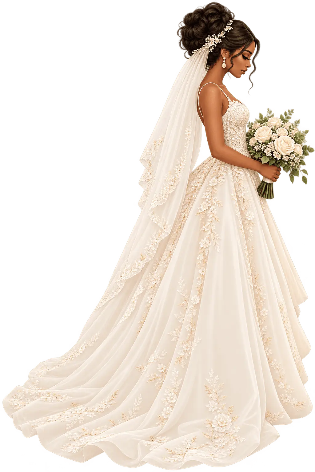 Ilustra&ccedil;&atilde;o da noiva com vestido marfim e buqu&ecirc;
